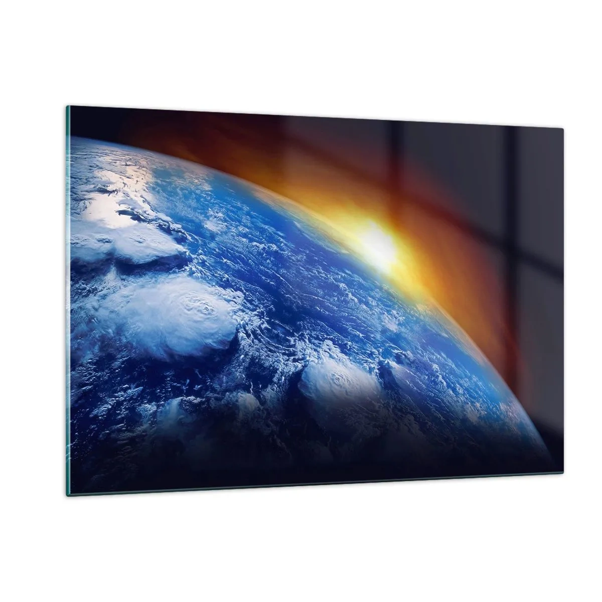 Glasbild - Bild auf glas - Erde im Weltraum, beleuchtet von den Sonnenstrahlen - 120x80cm - Sonnenaufgang über dem blauen Planeten - Moderne Wanddekoration für Wohnzimmer und Schlafzimmer ARTTOR