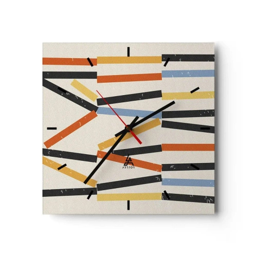 Wanduhr - Glasuhr - Abstrakte Komposition mit farbigen und schwarzen Rechtecken in horizontaler Anordnung - 30x30cm - Komposition auf der Ebene - Moderne Wanddekoration für Wohnzimmer und Schlafzimmer ARTTOR