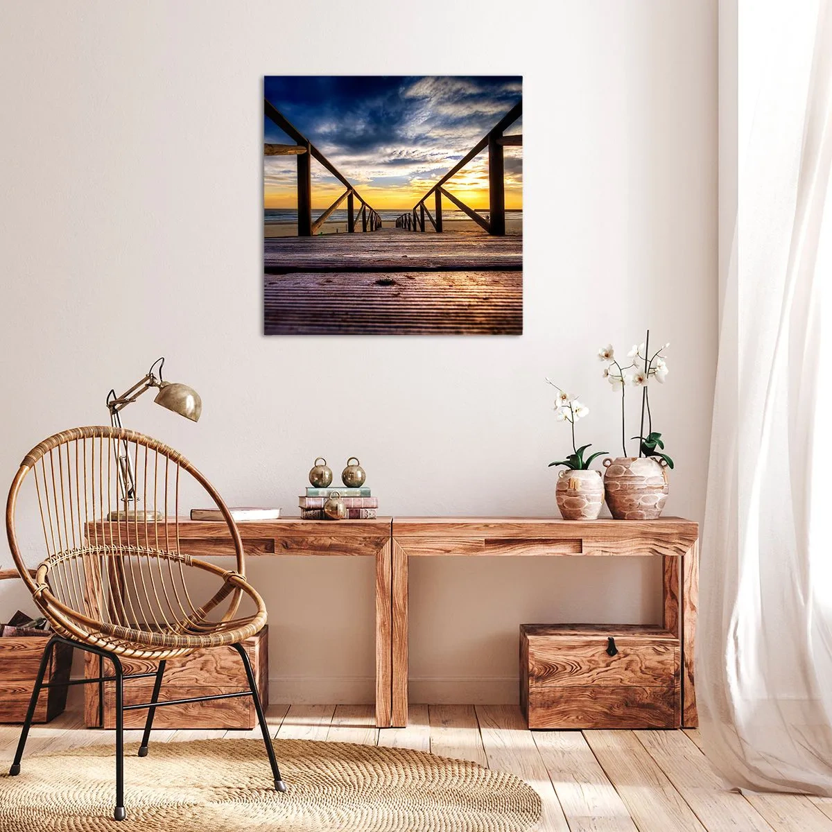 Bild auf Leinwand - Leinwandbild - Direkt zum ruhigen Strand bei Sonnenuntergang - 50x50 cm