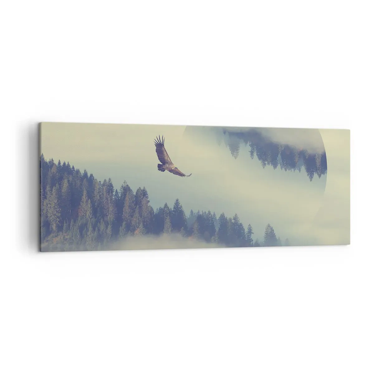 Bild auf Leinwand - Leinwandbild - Ein Adler im Flug vor der Kulisse nebliger Berge mit einem künstlerischen Kreismotiv - 140x50cm - Ich habe den Schatten eines Adlers gesehen - Moderne Wanddekoration für Wohnzimmer und Schlafzimmer ARTTOR
