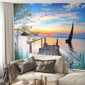 Selbstklebende Fototapete Deluxe Sticker - Guten Abend - Landschaft, See, Holzbrücke - 100x70 cm