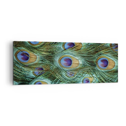 Bild auf Leinwand - Leinwandbild - Details von Pfauenfedern in satten Farben - 140x50cm - Ein Blick mit Pfauenaugen - Moderne Wanddekoration für Wohnzimmer und Schlafzimmer ARTTOR