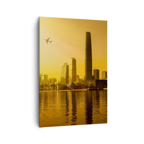 Bild auf Leinwand - Leinwandbild - Stadtpanorama bei Sonnenuntergang mit Wolkenkratzern und einem Flugzeug - 70x100cm - Die goldene Stadt - Moderne Wanddekoration für Wohnzimmer und Schlafzimmer ARTTOR