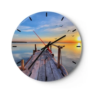 Wanduhr - Glasuhr - Ein Pier am Seeufer bei Sonnenuntergang mit Vögeln im Hintergrund - 30x30cm - Lauf direkt der Sonne entgegen - Moderne Wanddekoration für Wohnzimmer, Küche und Schlafzimmer ARTTOR