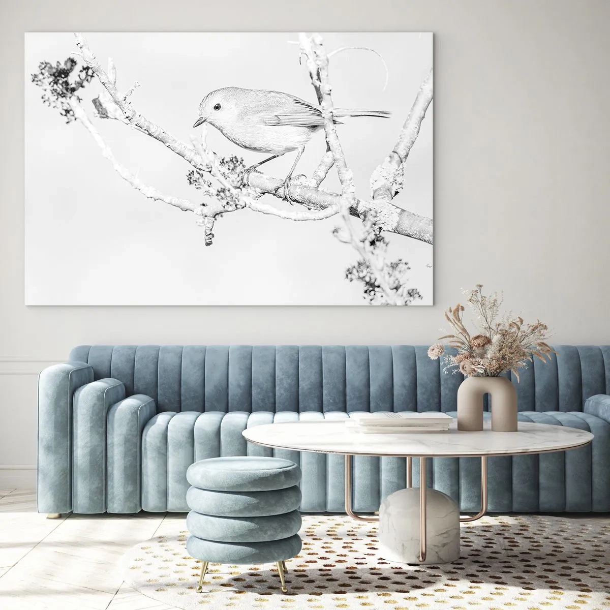 Glasbild - Bild auf glas - Ein Vogel sitzt auf einem Ast in einer monochromen Winterlandschaft. - 100x70cm - Wintermorgen - Moderne Wanddekoration für Wohnzimmer und Schlafzimmer ARTTOR