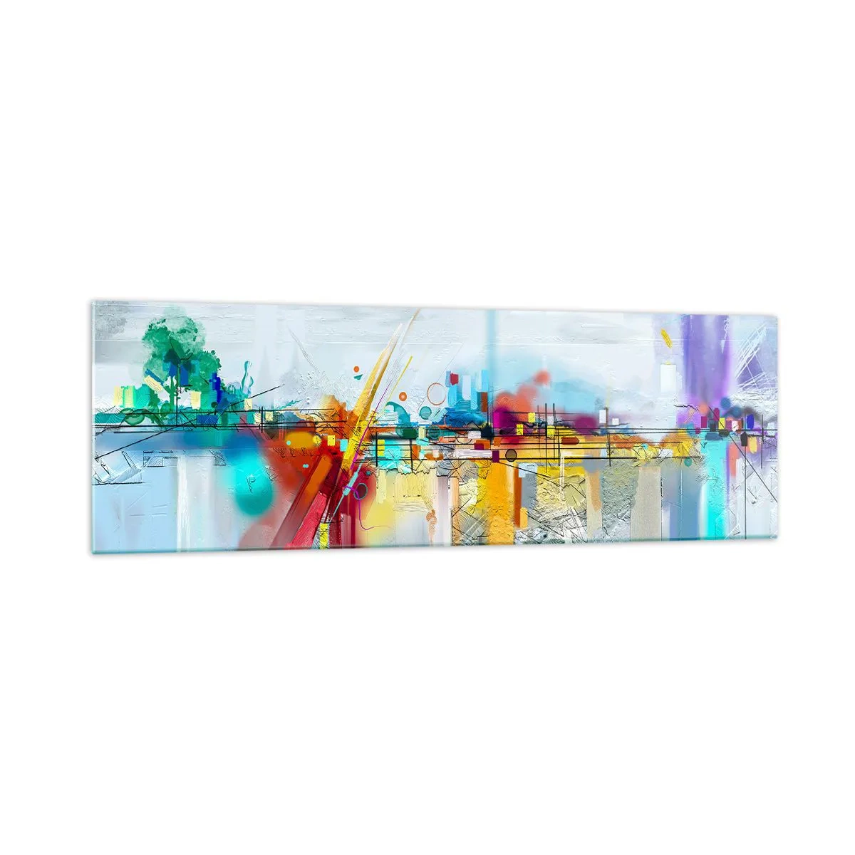 Glasbild - Bild auf glas - Abstrakte Landschaft mit bunten Akzenten - 160x50cm - Freudenbrücke über den Fluss des Lebens - Moderne Wanddekoration für Wohnzimmer und Schlafzimmer ARTTOR