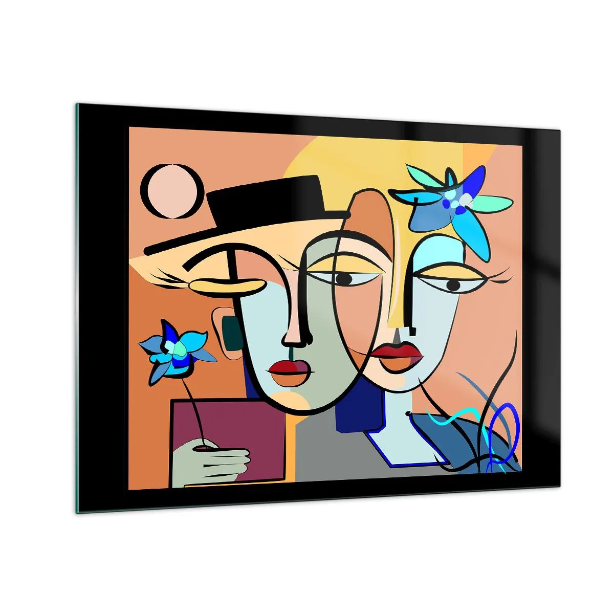 Glasbild - Bild auf glas - Bunte Gesichter im kubistischen Stil mit Blumen - 70x50cm - Picassos randez vous - Moderne Wanddekoration für Wohnzimmer und Schlafzimmer ARTTOR