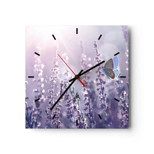 Wanduhr - Glasuhr - Ein Schmetterling auf blühendem Lavendel im Morgenlicht - 30x30cm - Schmetterlingskuss - Moderne Wanddekoration für Wohnzimmer und Schlafzimmer ARTTOR