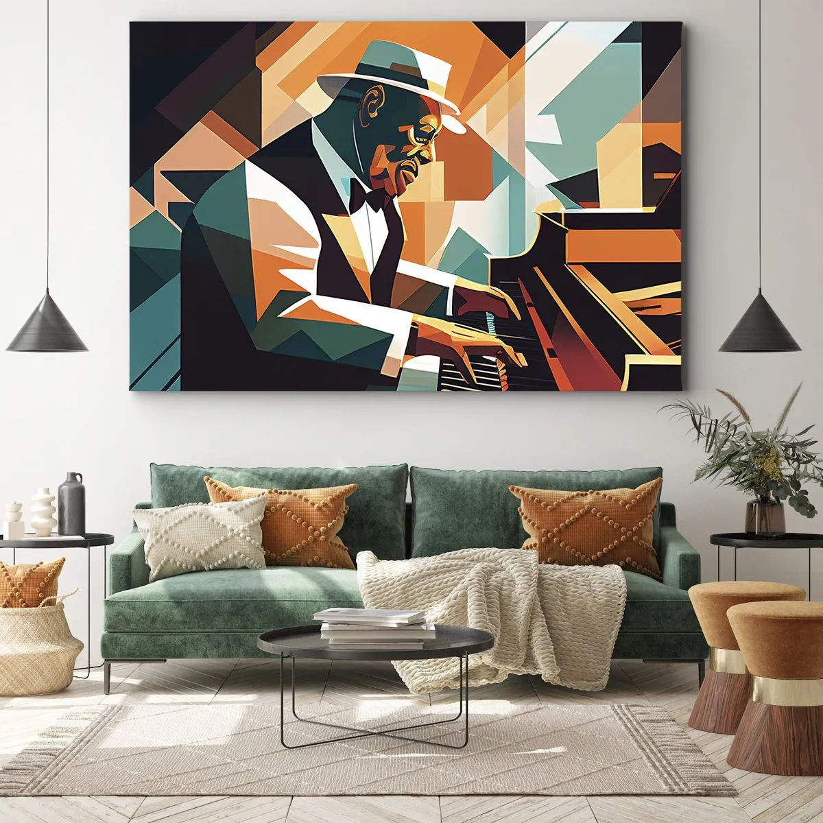 Bild auf Leinwand - Leinwandbild - Abstrakter Musiker, der in warmen Farben Klavier spielt. - 70x50cm - Alles vom Jazz - Moderne Wanddekoration für Wohnzimmer und Schlafzimmer ARTTOR