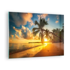 Glasbild - Bild auf glas - Tropischer Strand mit Palmen bei Sonnenuntergang - 70x50cm - Karibischer Traum - Moderne Wanddekoration für Wohnzimmer und Schlafzimmer ARTTOR