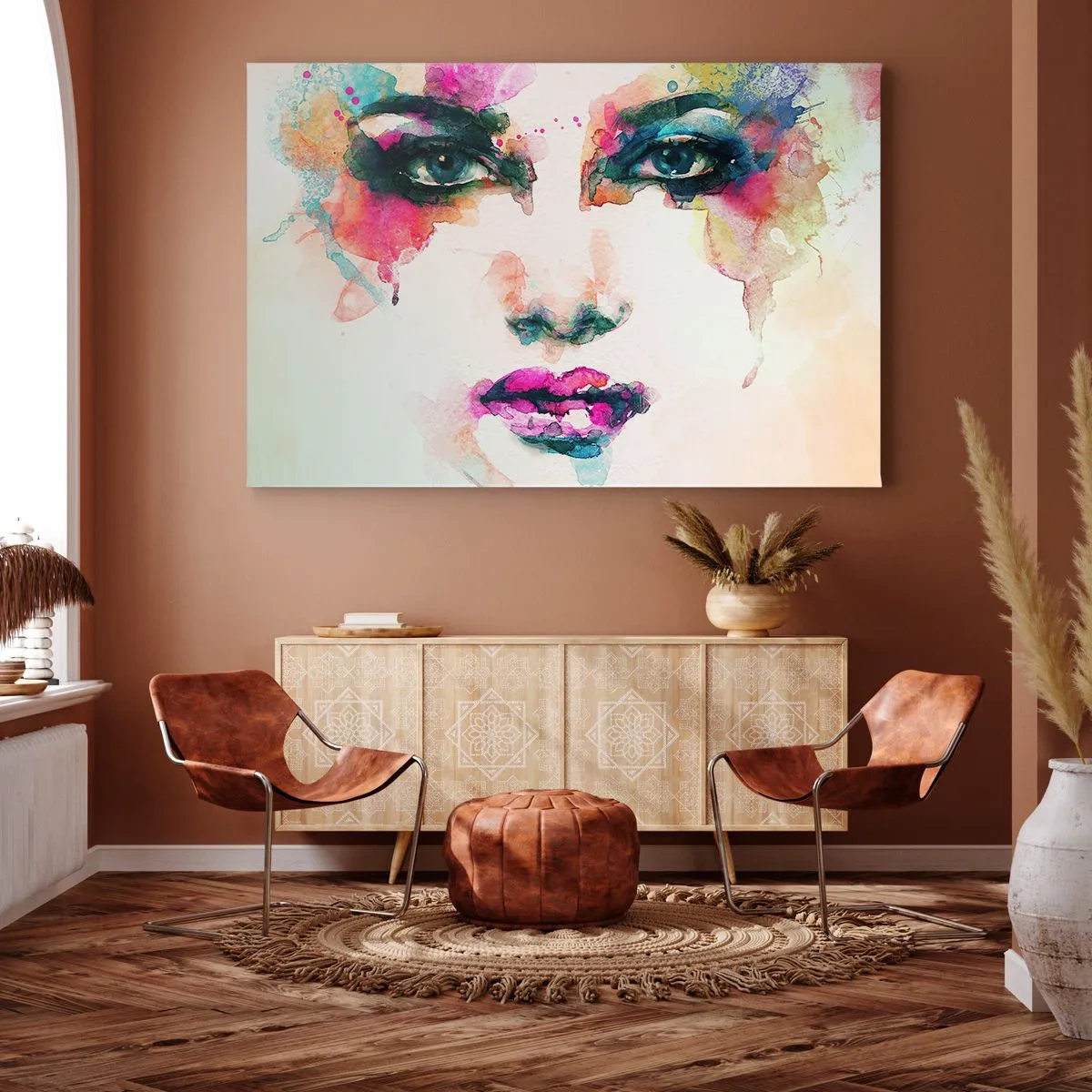 Bild auf Leinwand - Leinwandbild - Abstraktes Frauenporträt in intensiven Farben - 70x50cm - Ein mit einem Regenbogen gemaltes Porträt - Moderne Wanddekoration für Wohnzimmer und Schlafzimmer ARTTOR
