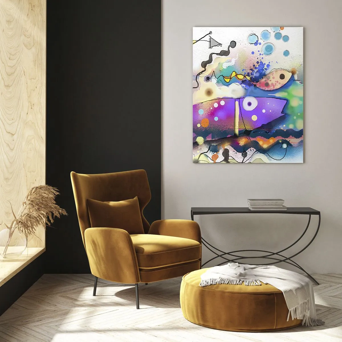 Glasbild - Bild auf glas - Abstrakte Komposition mit bunten Formen und Linien - 50x70cm - Es fehlen die Worte! - Moderne Wanddekoration für Wohnzimmer und Schlafzimmer ARTTOR