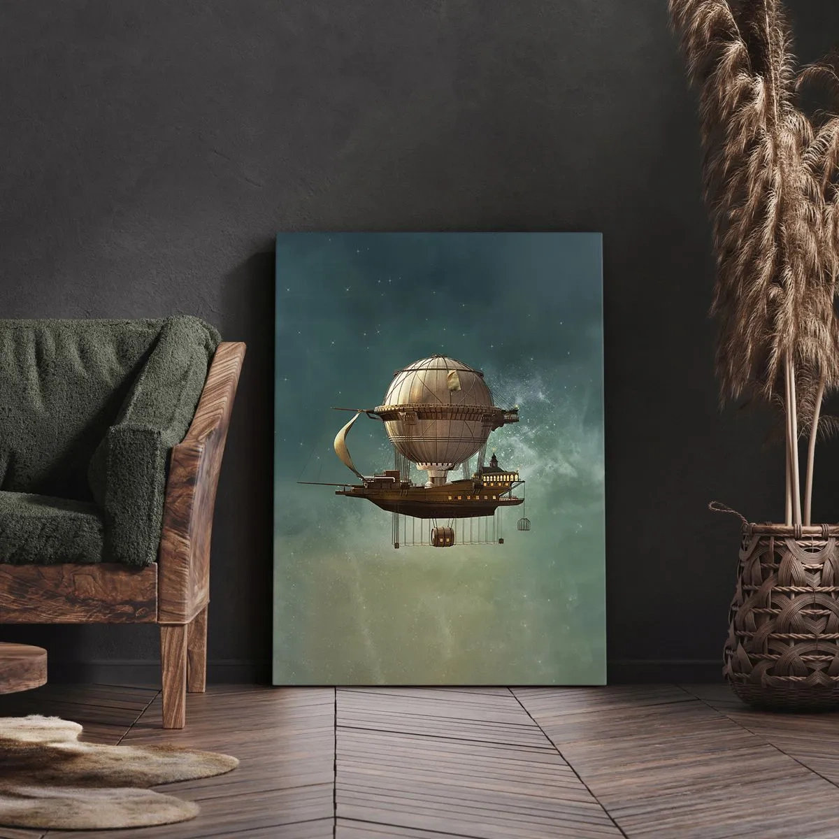Bild auf Leinwand - Leinwandbild - Ein fantastisches Luftschiff vor dem grünlichen Himmel - 70x100cm - Jules Verne sagt Hallo - Moderne Wanddekoration für Wohnzimmer und Schlafzimmer ARTTOR