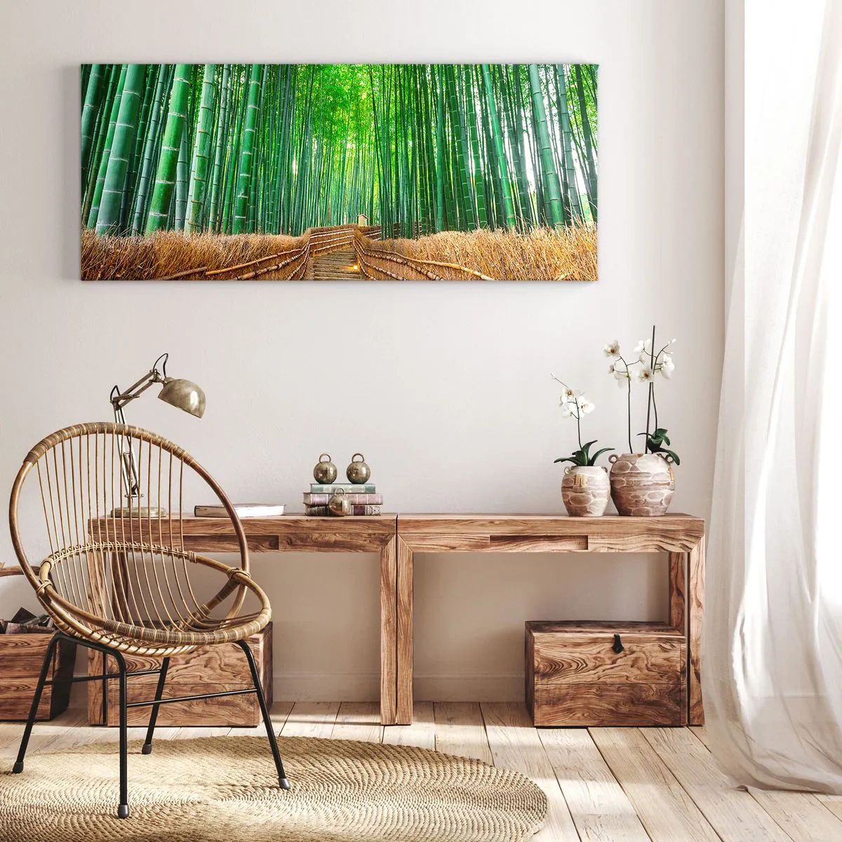 Bild auf Leinwand - Leinwandbild - Ein Pfad in einem dichten Bambuswald - 120x50cm - Die Essenz der asiatischen Natur - Moderne Wanddekoration für Wohnzimmer und Schlafzimmer ARTTOR
