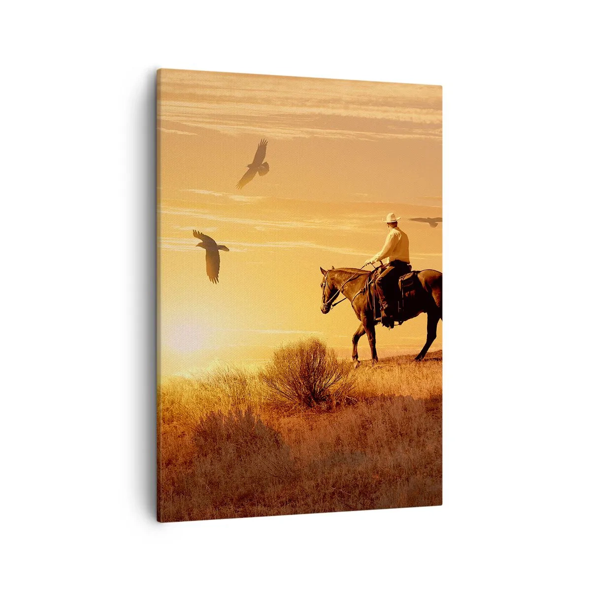 Bild auf Leinwand - Leinwandbild - Ein Reiter auf einem Pferd bei Sonnenuntergang vor der Prärie - 50x70cm - Allein durch die Prärie - Moderne Wanddekoration für Wohnzimmer und Schlafzimmer ARTTOR