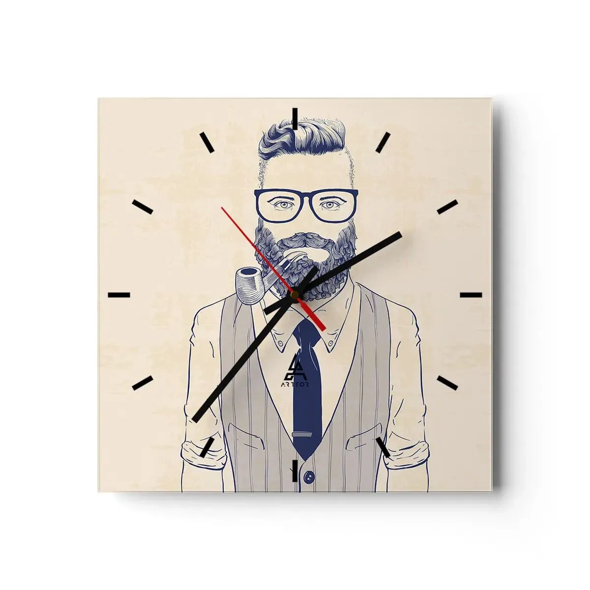 Wanduhr - Glasuhr - Stilisierter Mann mit Bart, Pfeife und Brille - 30x30cm - Fröhlich, maskulin und modisch - Moderne Wanddekoration für Wohnzimmer und Schlafzimmer ARTTOR