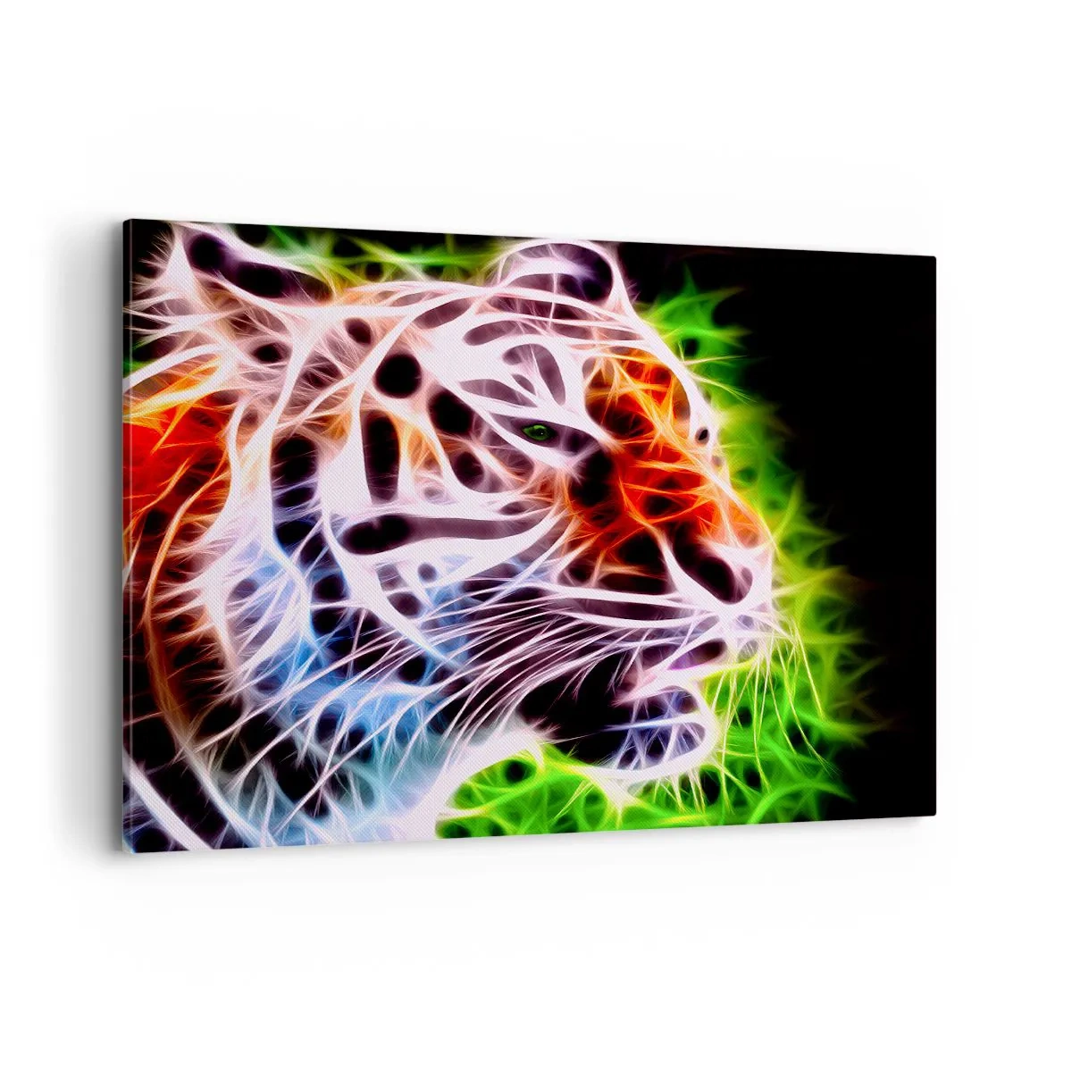 Bild auf Leinwand - Leinwandbild - Farbenfrohes künstlerisches Porträt eines Tigers im Neonstil auf schwarzem Hintergrund. - 120x80cm - Schreckliche Aura - Moderne Wanddekoration für Wohnzimmer und Schlafzimmer ARTTOR
