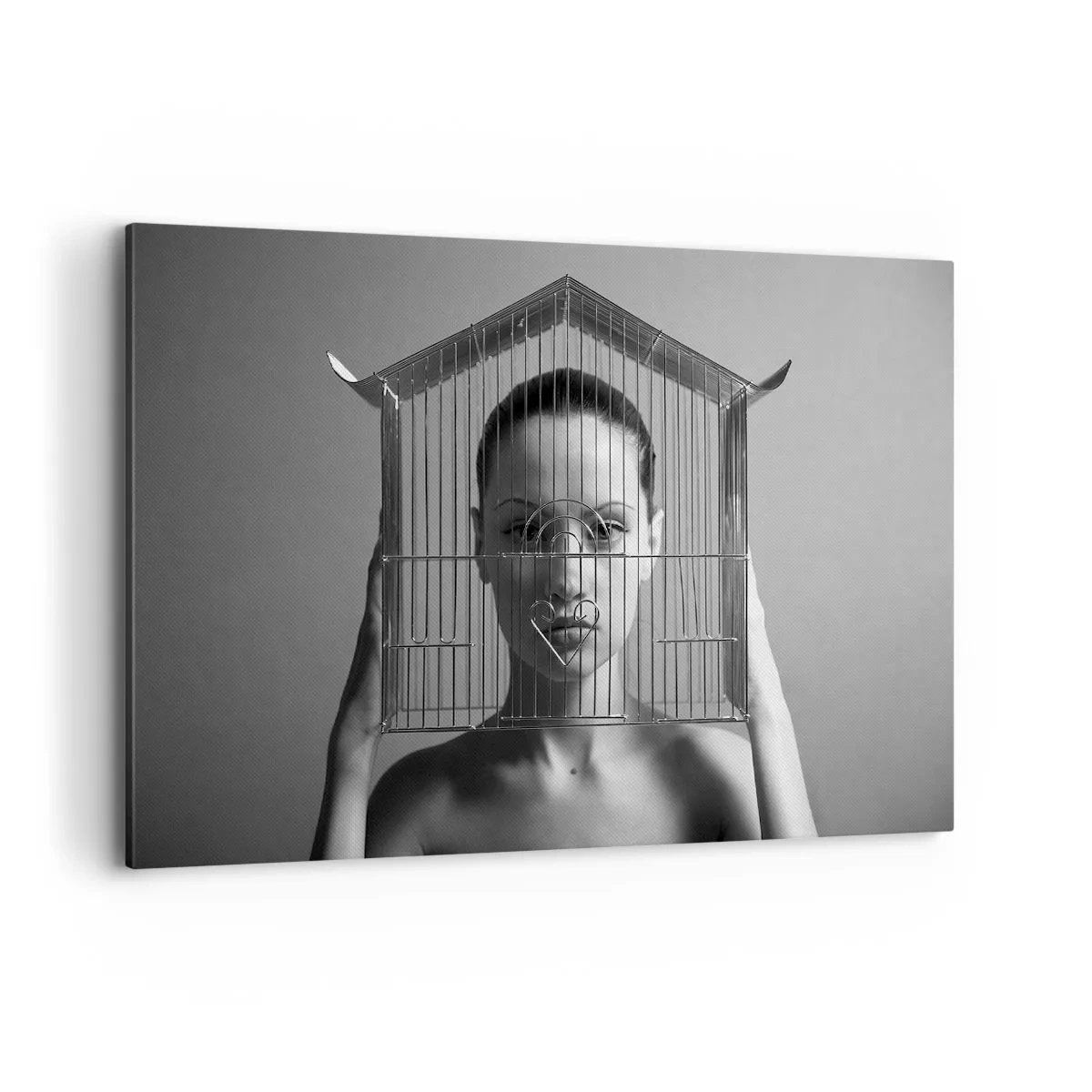 Bild auf Leinwand - Leinwandbild - Frau hinter einem Käfig im surrealen Stil - 120x80cm - Ein leicht surreales Portrait - Moderne Wanddekoration für Wohnzimmer und Schlafzimmer ARTTOR