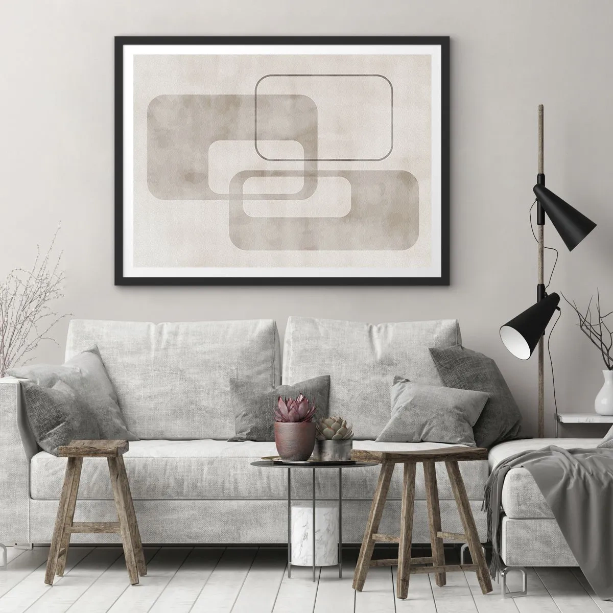 Poster in einem schwarzem Rahmen - Eine minimalistische Komposition mit Rechtecken in Beigetönen auf dezentem Hintergrund. - 70x50cm - Geometrische Fuge - Moderne Wanddekoration für Wohnzimmer und Schlafzimmer ARTTOR