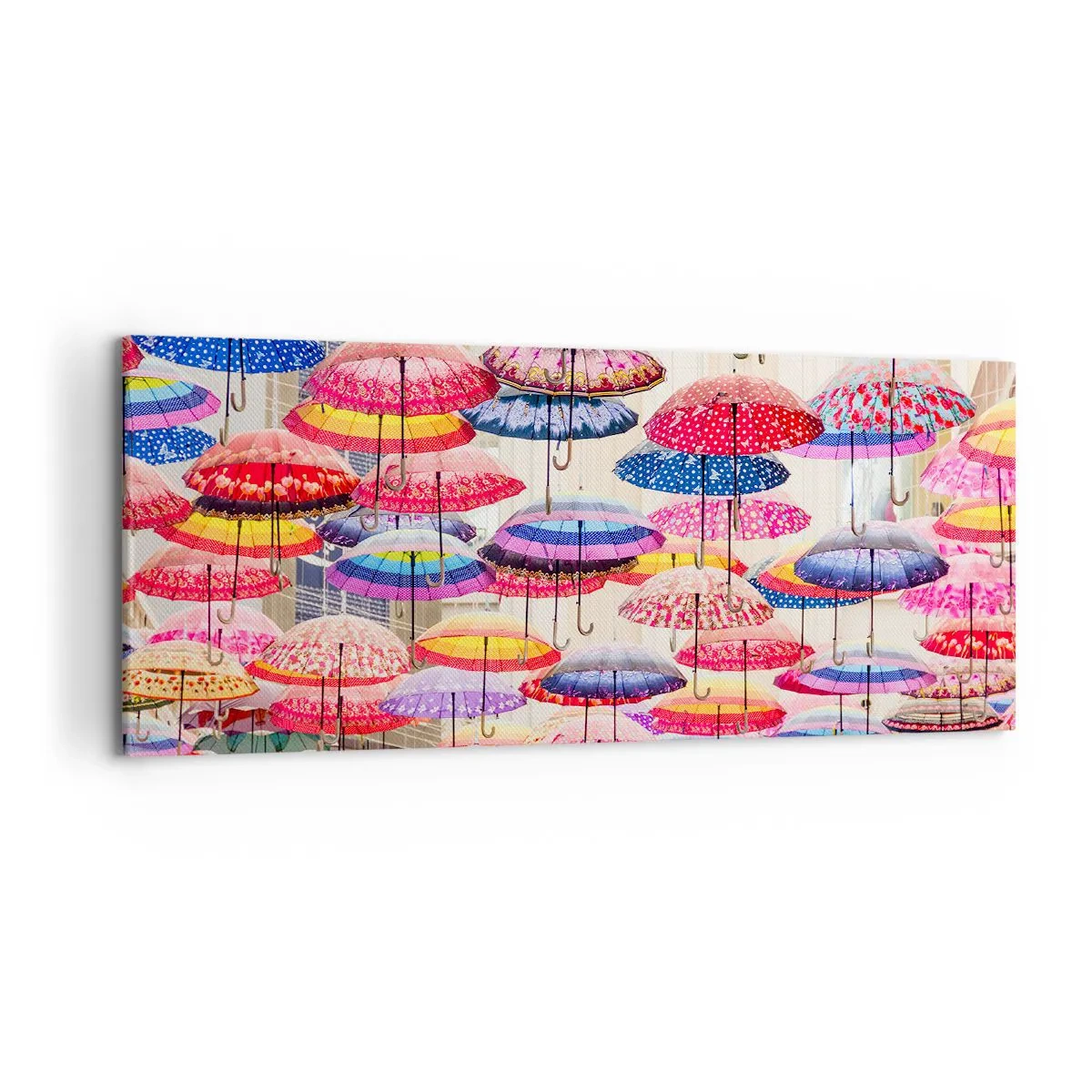 Bild auf Leinwand - Leinwandbild - Bunte Regenschirme schweben in der Luft - 120x50cm - Stadtwiese - Moderne Wanddekoration für Wohnzimmer und Schlafzimmer ARTTOR