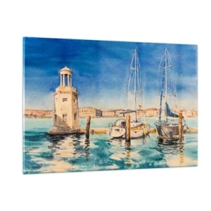 Glasbild - Bild auf glas - Aquarell-Jachthafen mit Leuchtturm und festgemachten Yachten - 120x80cm - Sonnige Lagune - Moderne Wanddekoration für Wohnzimmer und Schlafzimmer ARTTOR