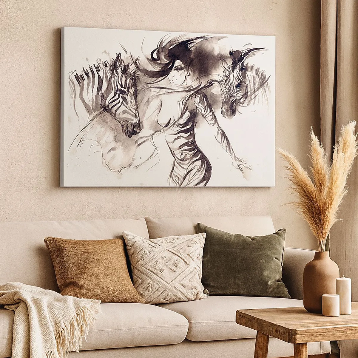 Bild auf Leinwand - Leinwandbild - Eine Frau in einem dynamischen Tanz mit Zebras in einer Schwarz-Weiß-Ästhetik - 70x50cm - Tanzen mit den Zebras - Moderne Wanddekoration für Wohnzimmer und Schlafzimmer ARTTOR