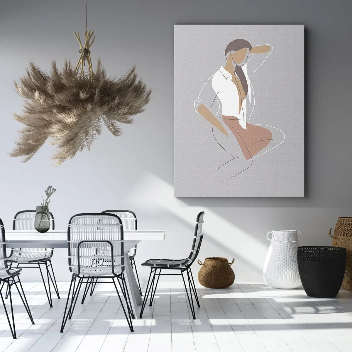 Bild auf Leinwand - Leinwandbild - Ein minimalistisches Frauenporträt in Pastellfarben. - 80x120cm - Umriss der Anmut - Moderne Wanddekoration für Wohnzimmer und Schlafzimmer ARTTOR