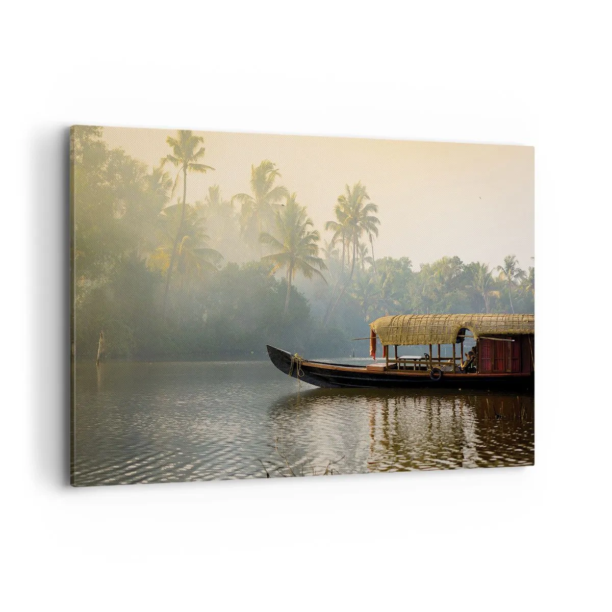 Bild auf Leinwand - Leinwandbild - Ein traditionelles Boot auf einem ruhigen Fluss zwischen Palmen - 120x80cm - Haus am Fluss - Moderne Wanddekoration für Wohnzimmer und Schlafzimmer ARTTOR
