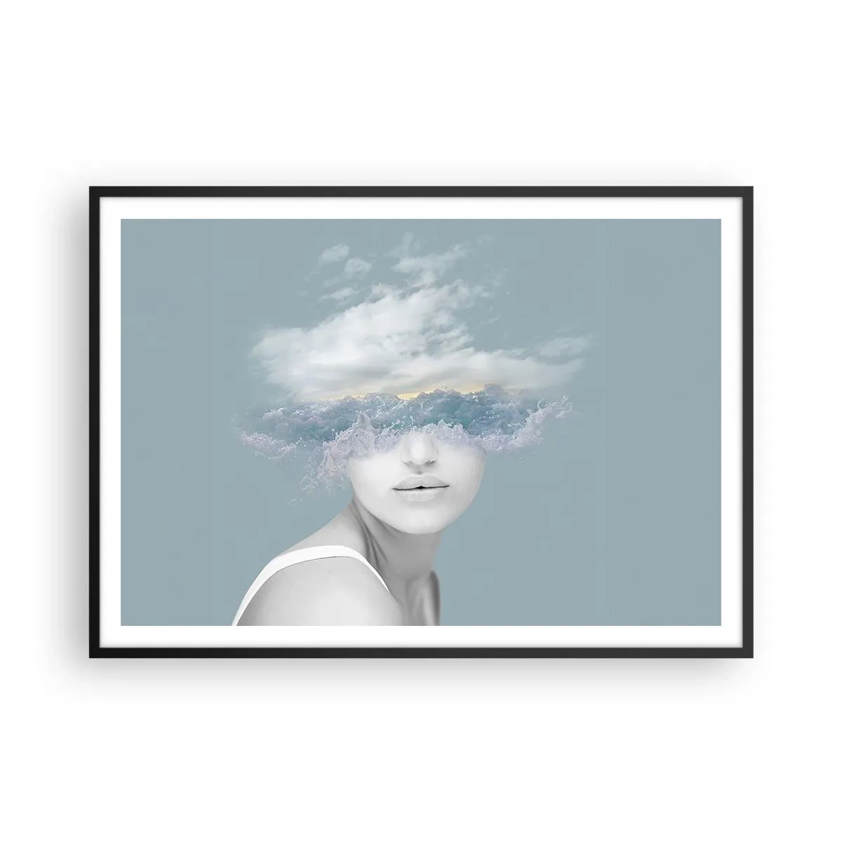 Poster in einem schwarzem Rahmen - Porträt einer Frau, deren Gesicht hinter Wolken und Wellen verborgen ist - 100x70cm - Mit dem Kopf in den Wolken - Moderne Wanddekoration für Wohnzimmer und Schlafzimmer ARTTOR