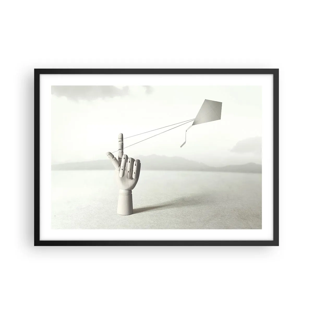 Poster in einem schwarzem Rahmen - Eine minimalistische Holzhand mit einem Drachen vor einem Landschaftshintergrund. - 70x50cm - Kraftprobe - Moderne Wanddekoration für Wohnzimmer und Schlafzimmer ARTTOR