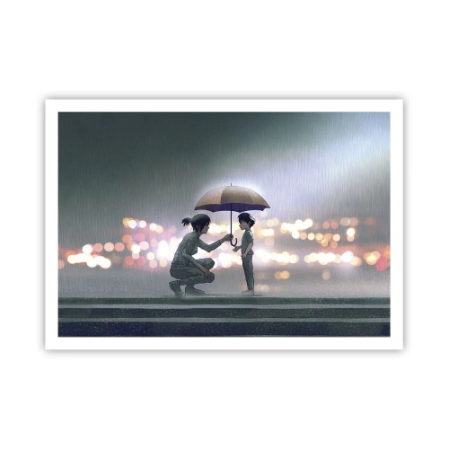 Poster - Eine Figur mit einem Regenschirm schützt ein Kind vor dem Hintergrund nächtlicher Lichter. - 100x70cm - Und jetzt ist alles in Ordnung - Moderne Wanddekoration für Wohnzimmer und Schlafzimmer ARTTOR