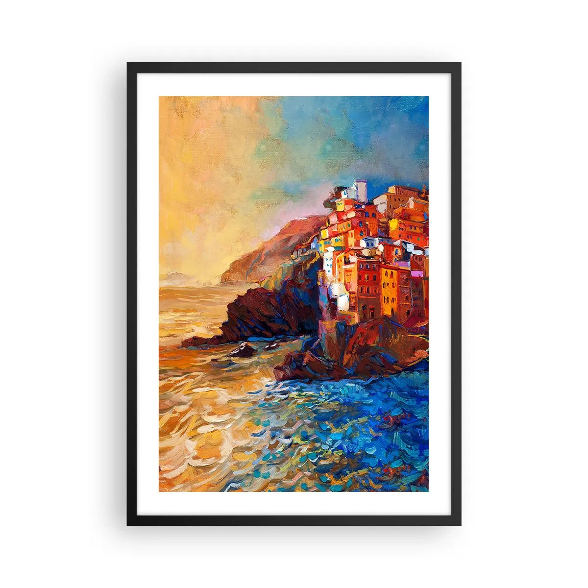 Poster in einem schwarzem Rahmen - Farbenfrohe Gebäude mit Blick auf die Klippe und das Meer bei Sonnenuntergang - 50x70cm - Italienische Atmosphäre - Moderne Wanddekoration für Wohnzimmer und Schlafzimmer ARTTOR