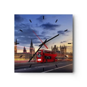 Wanduhr - Glasuhr - Ein roter Bus mit Big Ben und den Houses of Parliament im Hintergrund in der Abenddämmerung. - 30x30cm - Spezielle Charaktere - Moderne Wanddekoration für Wohnzimmer und Schlafzimmer ARTTOR