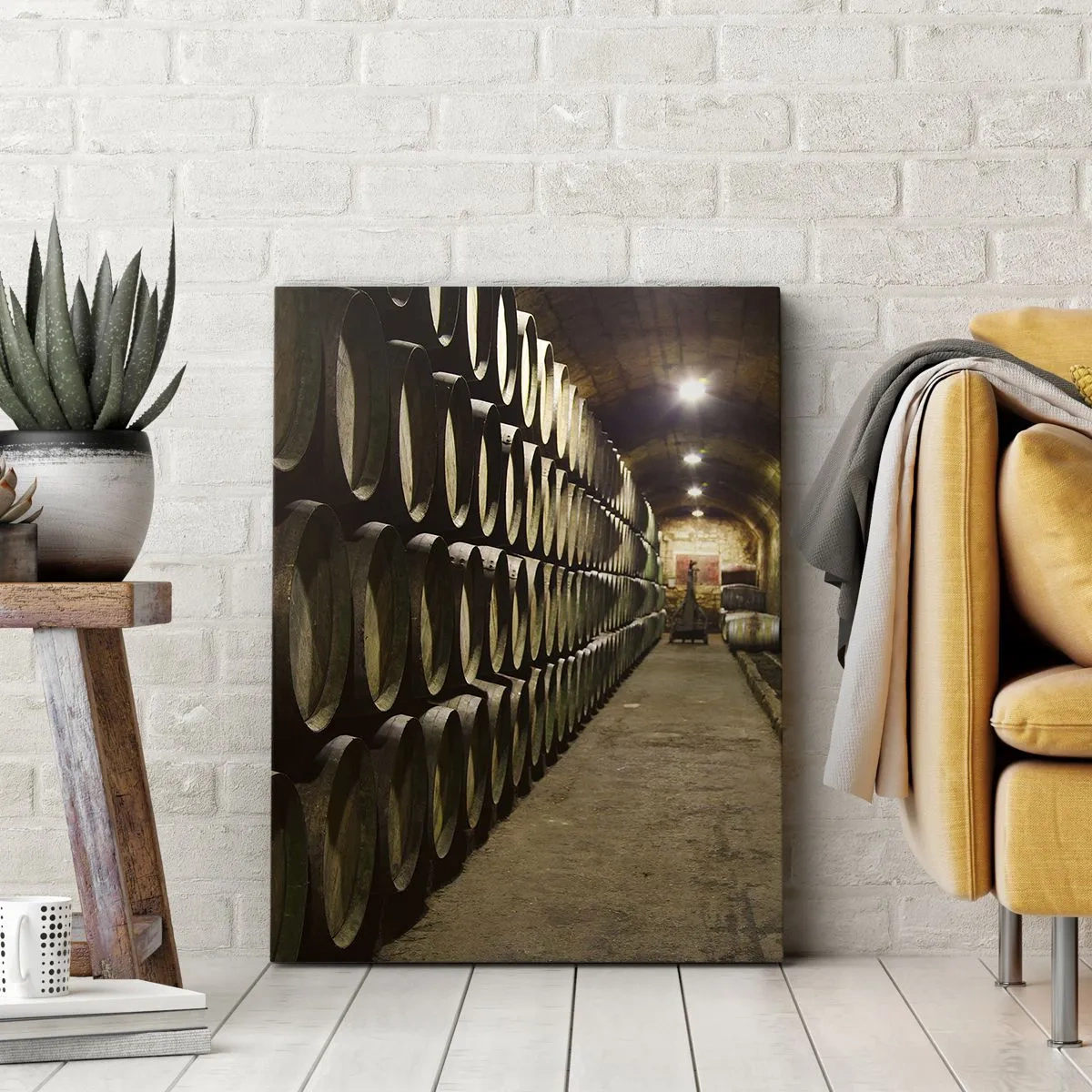Bild auf Leinwand - Leinwandbild - Ein Keller mit in Reihen angeordneten hölzernen Weinfässern - 50x70cm - Es ist gut, sich hinzulegen - Moderne Wanddekoration für Wohnzimmer und Schlafzimmer ARTTOR