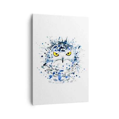 Bild auf Leinwand - Leinwandbild - Abstraktes Porträt einer Eule in blauen und gelben Farben - 70x100cm - Direkt in die Augen - Moderne Wanddekoration für Wohnzimmer und Schlafzimmer ARTTOR