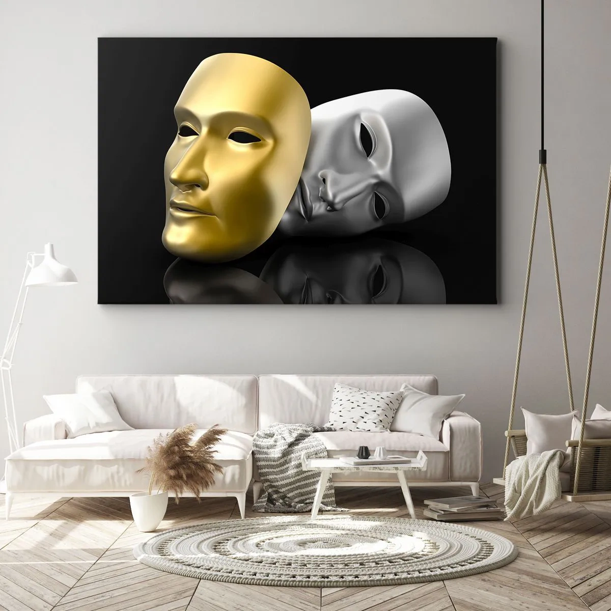 Bild auf Leinwand - Leinwandbild - Gold- und Silbermaske auf schwarzem Hintergrund - 100x70cm - Das Leben ist wie ein Theater - Moderne Wanddekoration für Wohnzimmer und Schlafzimmer ARTTOR