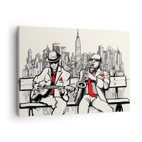 Bild auf Leinwand - Leinwandbild - Ein Jazzduo mit Saxophon und Gitarre vor der Kulisse der Stadt - 70x50cm - New Yorker Improvisation - Moderne Wanddekoration für Wohnzimmer und Schlafzimmer ARTTOR