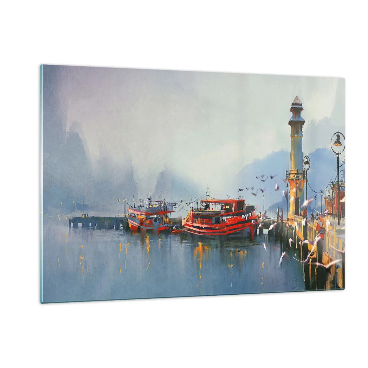 Glasbild - Bild auf glas - Ein Hafen mit roten Booten, einem Leuchtturm und Vögeln vor der Kulisse der Berge - 120x80cm - Am Ende der Welt - Moderne Wanddekoration für Wohnzimmer und Schlafzimmer ARTTOR