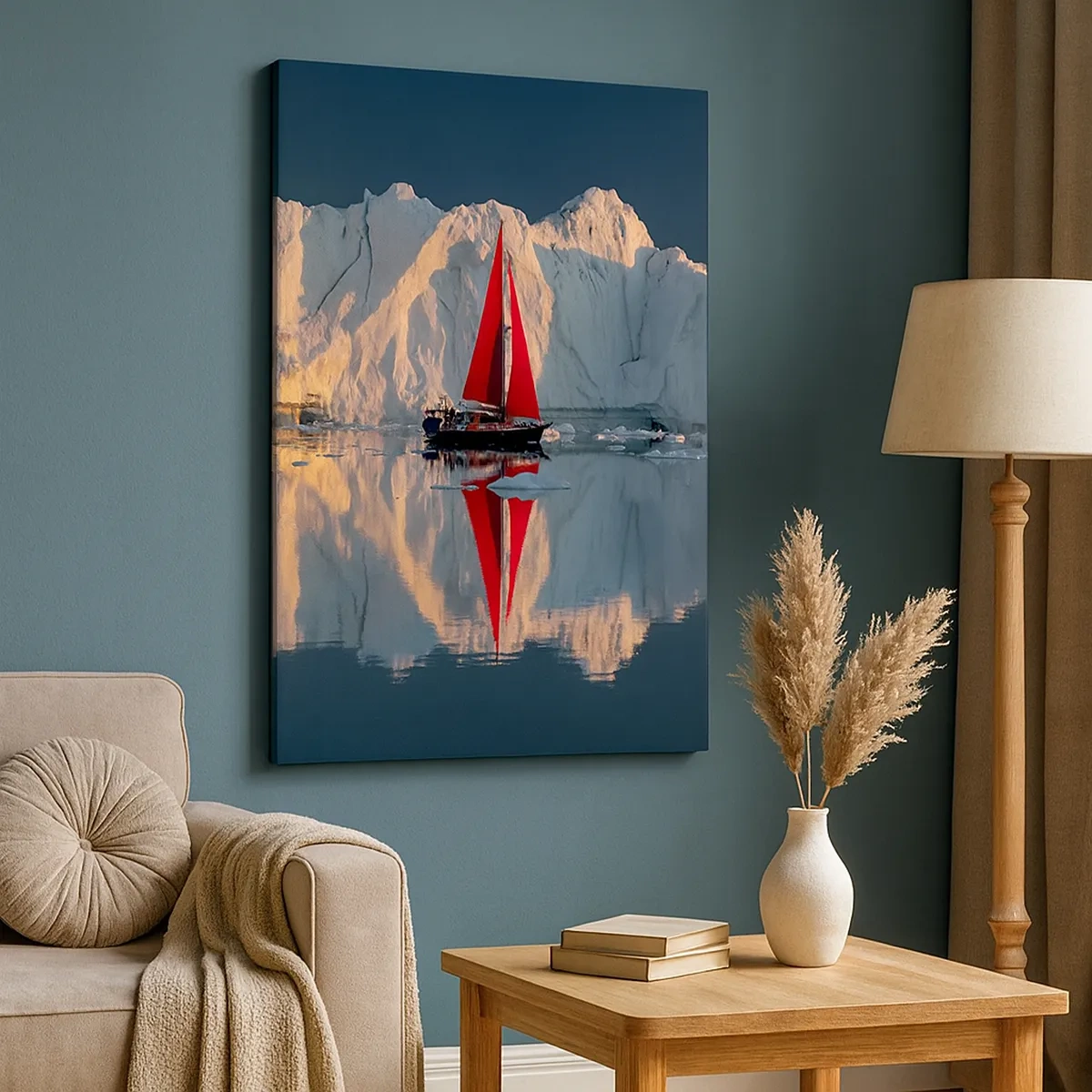 Bild auf Leinwand - Leinwandbild - Ein Segelboot mit rotem Segel vor der Kulisse eines Gletschers - 50x70cm - Am Rande der Welt - Moderne Wanddekoration für Wohnzimmer und Schlafzimmer ARTTOR