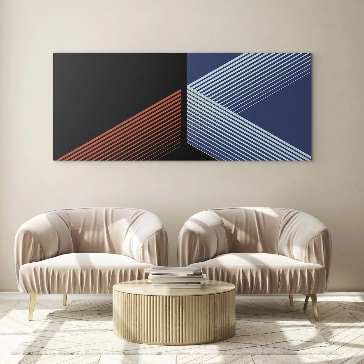 Glasbild - Bild auf glas - Geometrische Linien in Rot- und Blautönen - 120x50cm - Eine einfache Geschichte - Moderne Wanddekoration für Wohnzimmer und Schlafzimmer ARTTOR