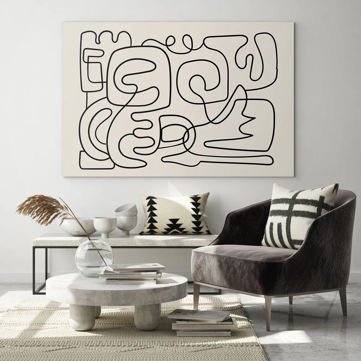 Glasbild - Bild auf glas - Schwarze abstrakte Linien bilden ein komplexes Muster auf Beige - 100x70cm - Folge der Spur - Moderne Wanddekoration für Wohnzimmer und Schlafzimmer ARTTOR