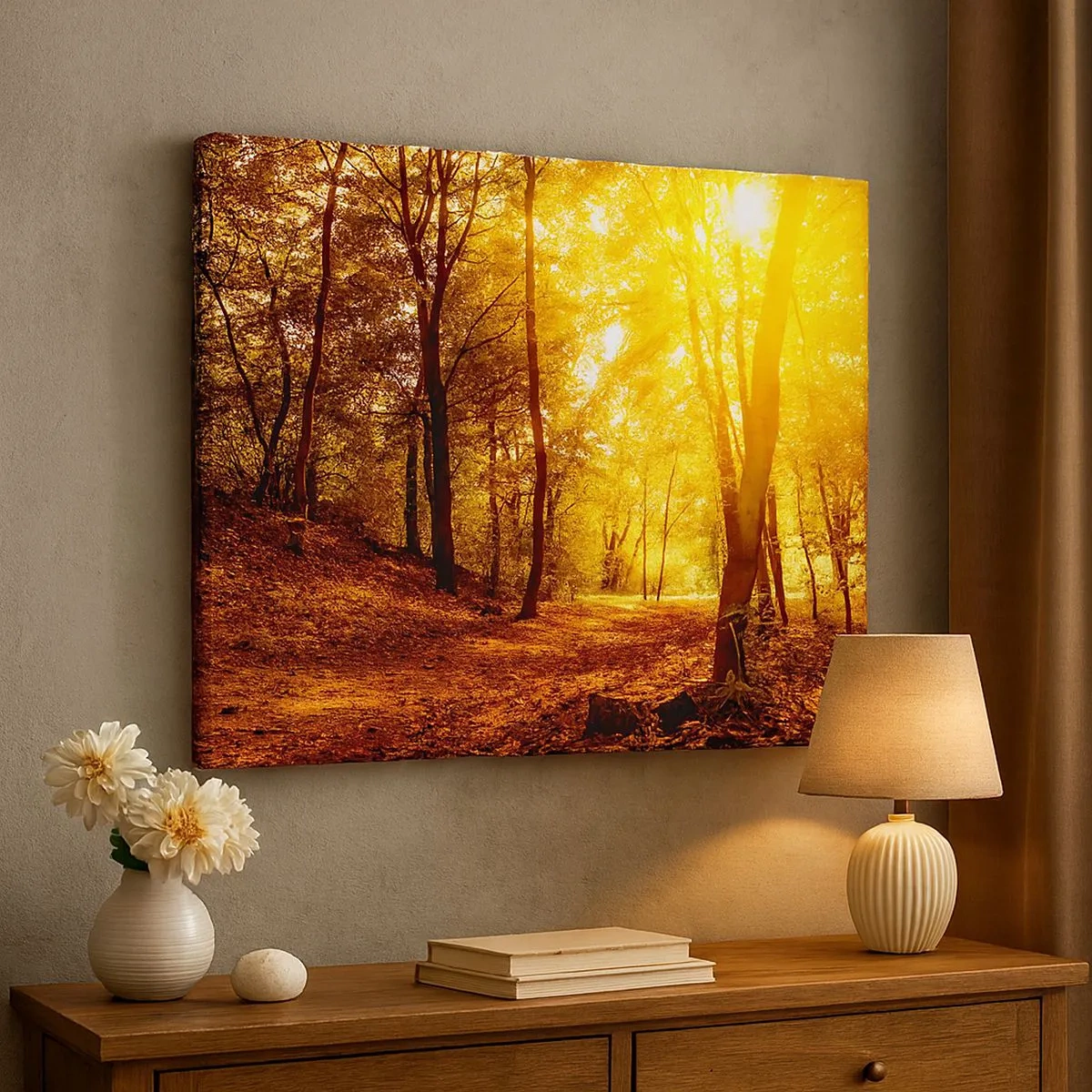 Bild auf Leinwand - Leinwandbild - Herbstlichtung im goldenen Sonnenlicht mit einem Waldweg - 70x50cm - Auf die goldene Lichtung - Moderne Wanddekoration für Wohnzimmer und Schlafzimmer ARTTOR