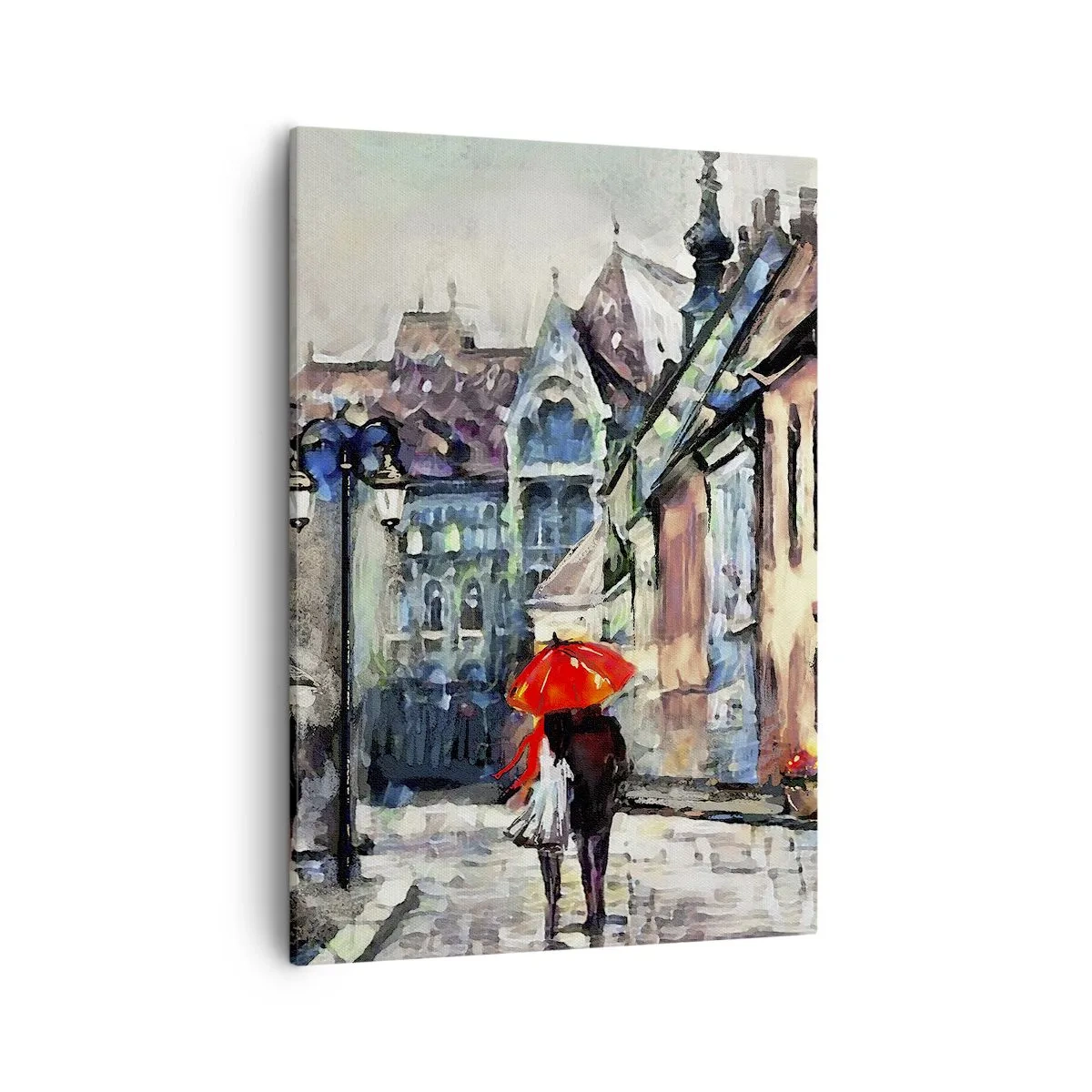 Bild auf Leinwand - Leinwandbild - Eine charmante Stadtstraße mit einem Paar unter einem roten Regenschirm - 50x70cm - Regen für Zwei - Moderne Wanddekoration für Wohnzimmer und Schlafzimmer ARTTOR
