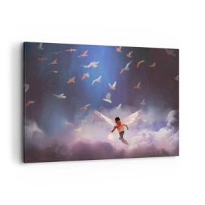 Bild auf Leinwand - Leinwandbild - Eine Figur mit Engelsflügeln, die zwischen Vögeln am Himmel schwebt - 120x80cm - Du brauchst Fantasie und Mut - Moderne Wanddekoration für Wohnzimmer und Schlafzimmer ARTTOR