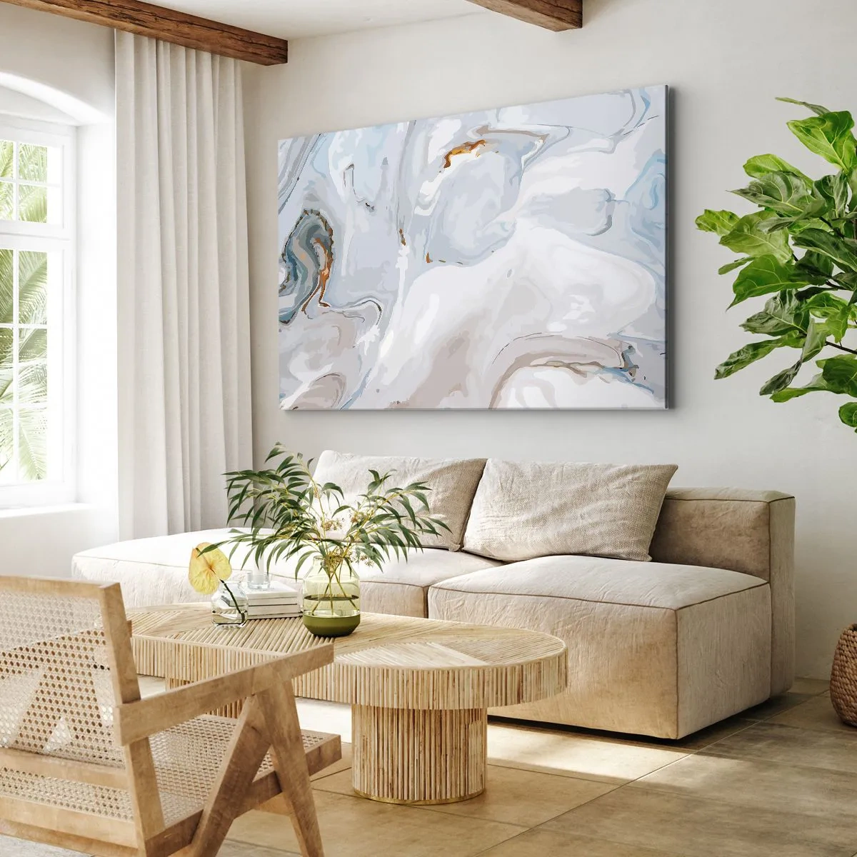 Bild auf Leinwand - Leinwandbild - Abstrakte Wellen in Blau- und Weißtönen - 120x80cm - Das Weiß wird erhoben - Moderne Wanddekoration für Wohnzimmer und Schlafzimmer ARTTOR