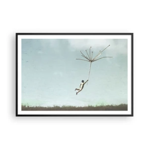 Poster in einem schwarzem Rahmen - Eine Figur, die von einem großen Löwenzahnsamen hochgehoben wird - 100x70cm - Drachen, Löwenzahn, Wind - Moderne Wanddekoration für Wohnzimmer und Schlafzimmer ARTTOR