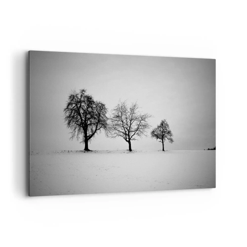 Bild auf Leinwand - Leinwandbild - Drei Bäume auf einem schneebedeckten Feld im monochromen Stil - 120x80cm - Wovon träumen sie? - Moderne Wanddekoration für Wohnzimmer und Schlafzimmer ARTTOR