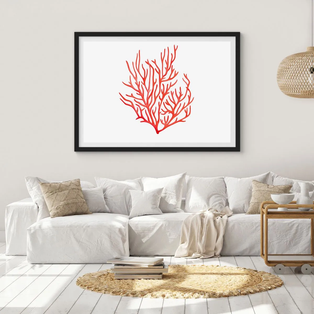 Poster in einem schwarzem Rahmen - Rote Koralle auf weißem Hintergrund im minimalistischen Stil - 70x50cm - Korallenfiligran - Moderne Wanddekoration für Wohnzimmer und Schlafzimmer ARTTOR