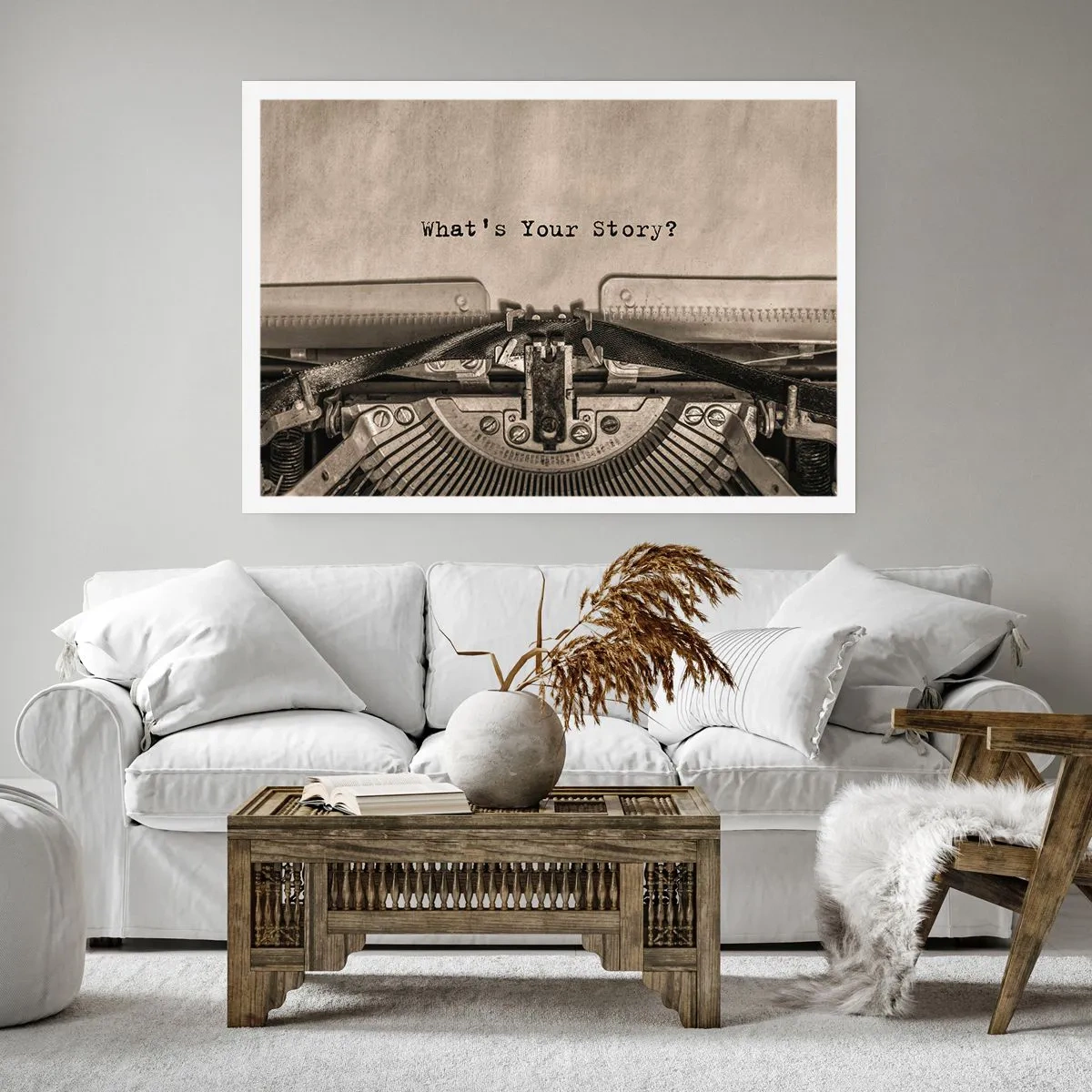 Poster - Eine Schreibmaschine mit den Worten „Was ist Ihre Geschichte?“ - 100x70cm - Erzähl es mir - Moderne Wanddekoration für Wohnzimmer und Schlafzimmer ARTTOR