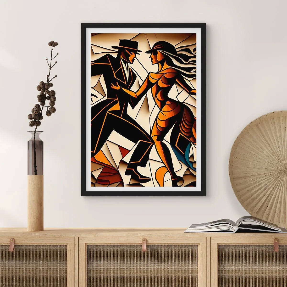 Poster in einem schwarzem Rahmen - Ein dynamisches Paar tanzt Tango im kubistischen Stil. - 50x70cm - Tanz der Passion und Leidenschaft - Moderne Wanddekoration für Wohnzimmer und Schlafzimmer ARTTOR